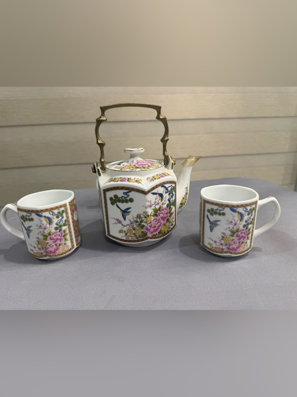 Vintage‎ Homco Japanese Porcelain Tea Set Bird Floral Pink Peony Teapot 3 Mugs